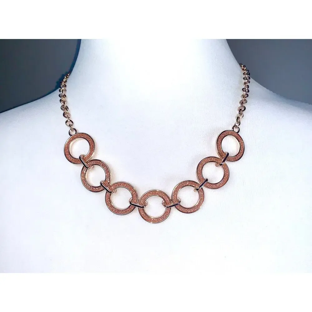 Sparkly Rose Gold Tone Druzy Interlocking Circle Statement Necklace